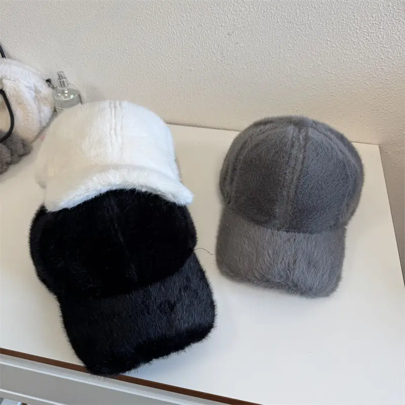 White Plush Baseball Cap for Men Women Winter Warm - Image 7