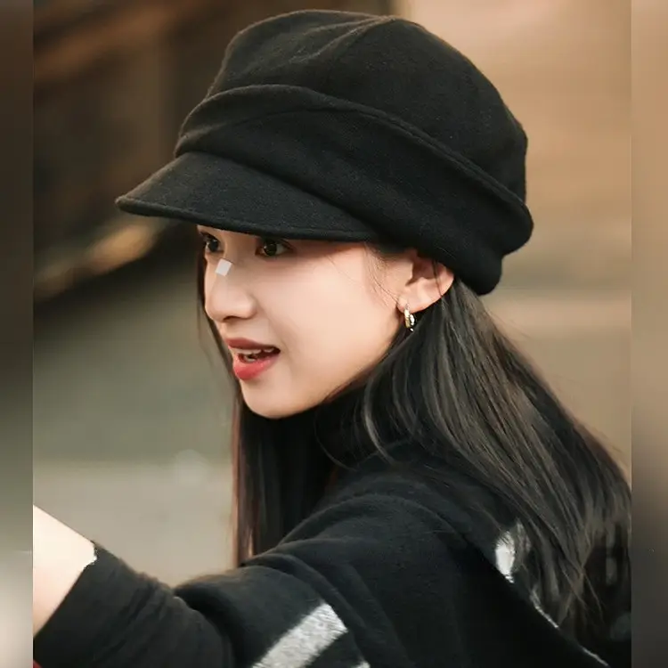 Women Black Wool Beret Peaked Cap Winter Warm - Image 3