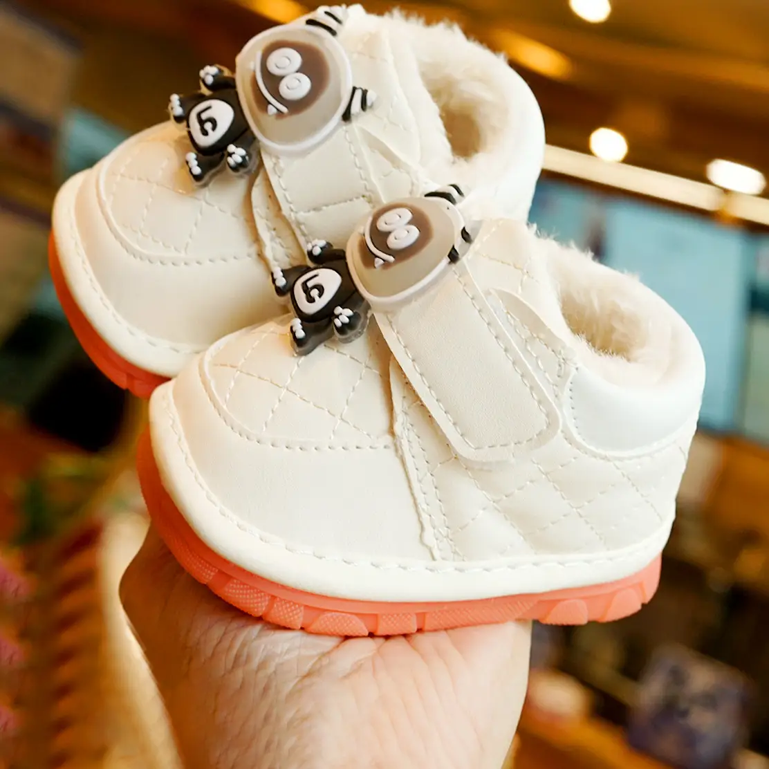 Winter Fleece Toddler Shoes White Orange 0-1Yr