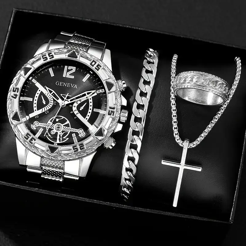Cross-Border Popular Men's Watch Bracelet 4-Piece Set High-End Large Dial Men's Business Quartz Watch Set Wholesale