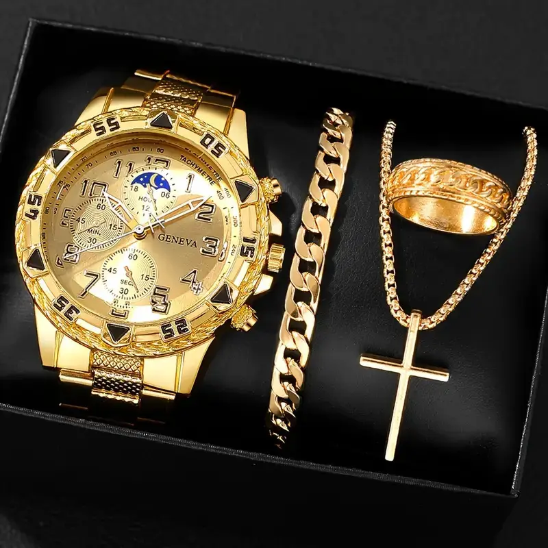 Cross-Border Popular Men's Watch Bracelet 4-Piece Set High-End Large Dial Men's Business Quartz Watch Set Wholesale
