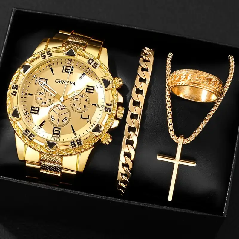 Cross-Border Popular Men's Watch Bracelet 4-Piece Set High-End Large Dial Men's Business Quartz Watch Set Wholesale