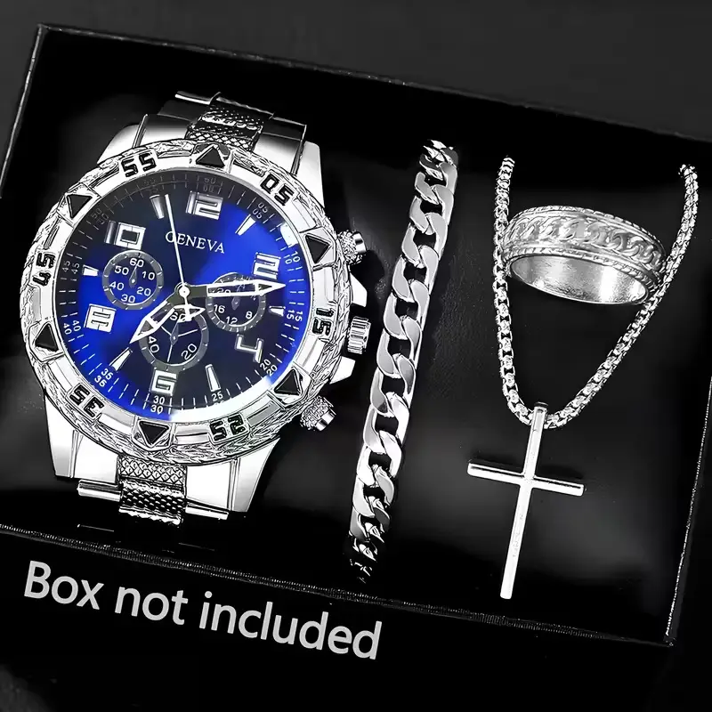 Cross-Border Popular Men's Watch Bracelet 4-Piece Set High-End Large Dial Men's Business Quartz Watch Set Wholesale