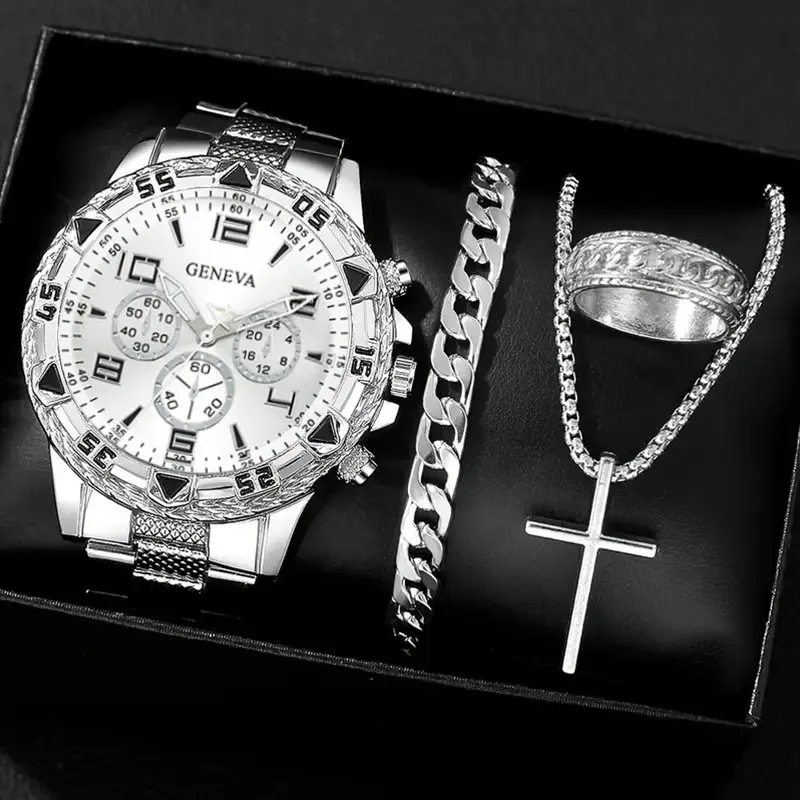 Cross-Border Popular Men's Watch Bracelet 4-Piece Set High-End Large Dial Men's Business Quartz Watch Set Wholesale
