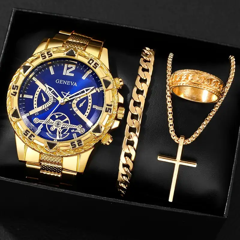 Cross-Border Popular Men's Watch Bracelet 4-Piece Set High-End Large Dial Men's Business Quartz Watch Set Wholesale
