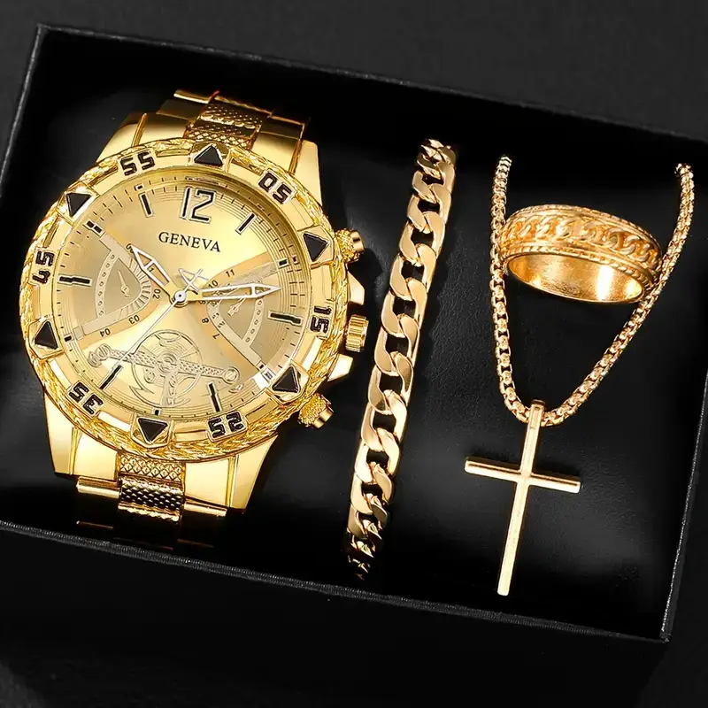 Cross-Border Popular Men's Watch Bracelet 4-Piece Set High-End Large Dial Men's Business Quartz Watch Set Wholesale