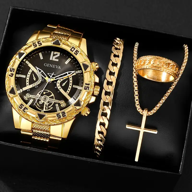 Cross-Border Popular Men's Watch Bracelet 4-Piece Set High-End Large Dial Men's Business Quartz Watch Set Wholesale