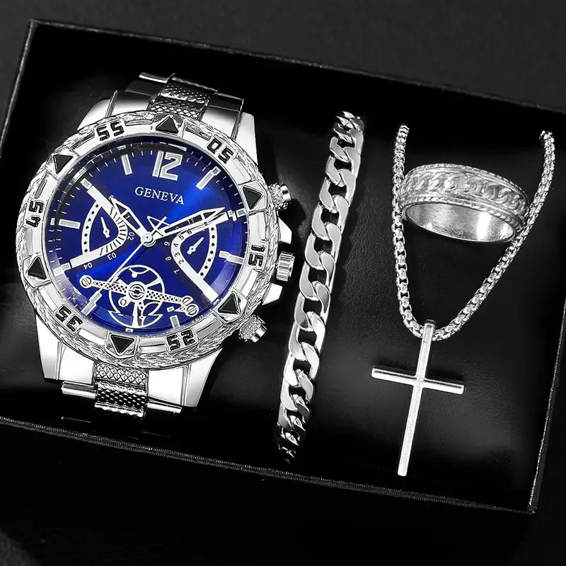 Cross-Border Popular Men's Watch Bracelet 4-Piece Set High-End Large Dial Men's Business Quartz Watch Set Wholesale
