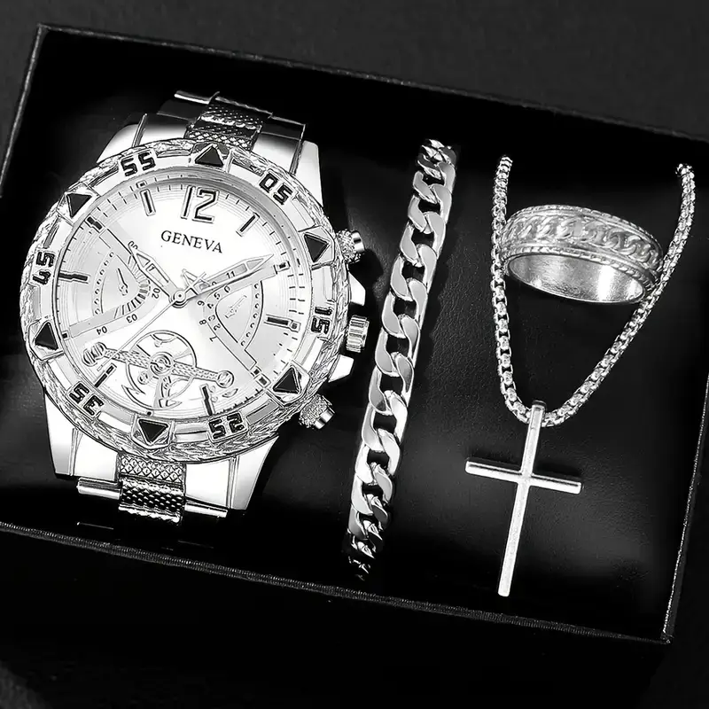 Cross-Border Popular Men's Watch Bracelet 4-Piece Set High-End Large Dial Men's Business Quartz Watch Set Wholesale