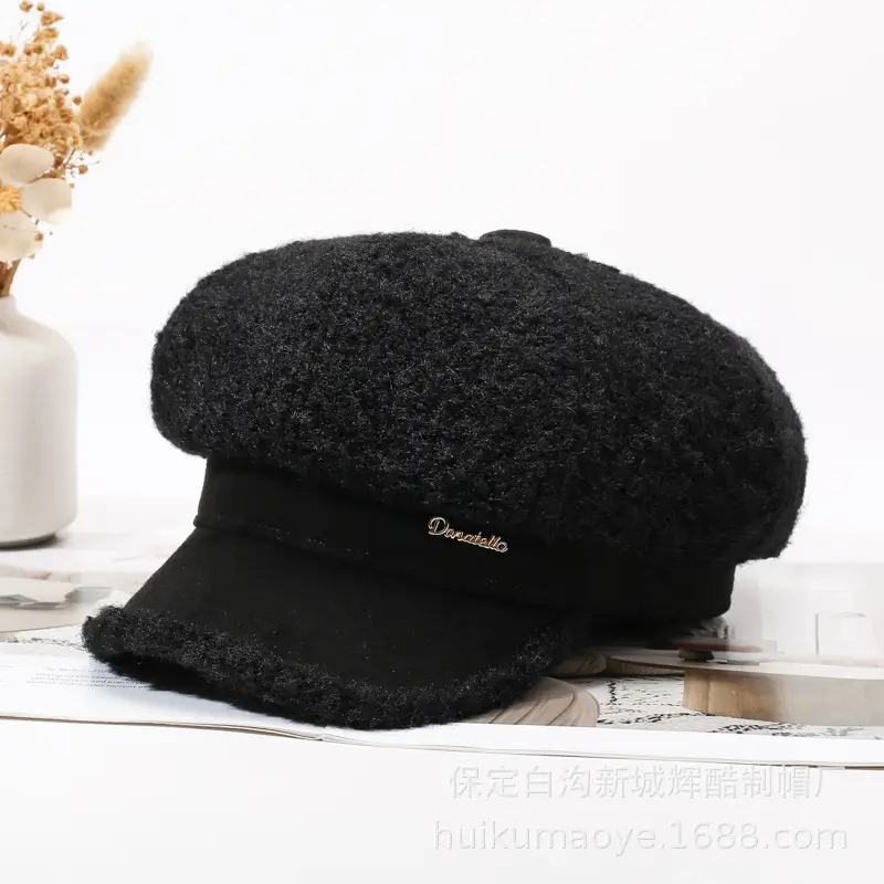 Black Plush Octagonal Beret for Women Winter Warm - Image 5