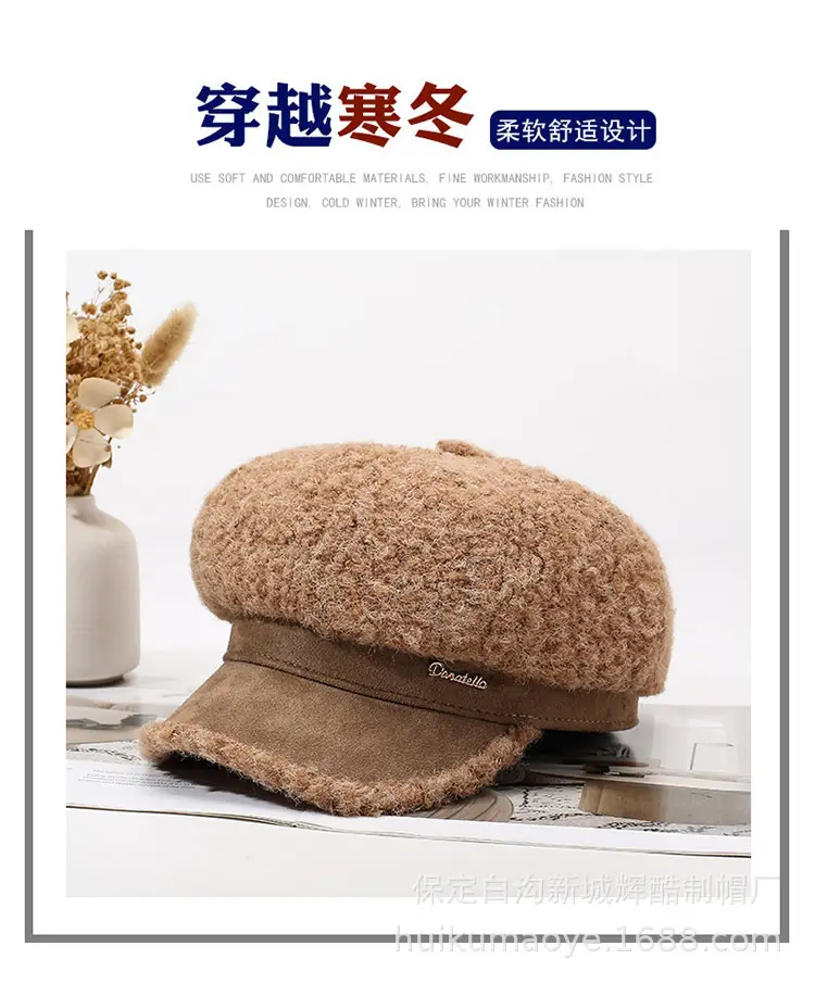 Black Plush Octagonal Beret for Women Winter Warm — feature 1