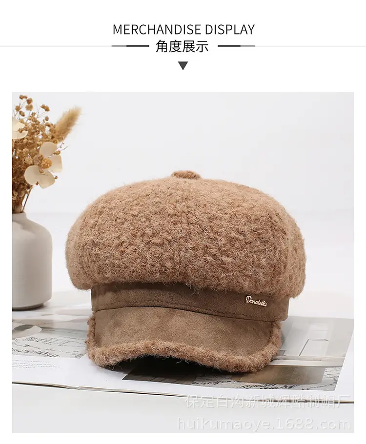 Black Plush Octagonal Beret for Women Winter Warm — feature 5