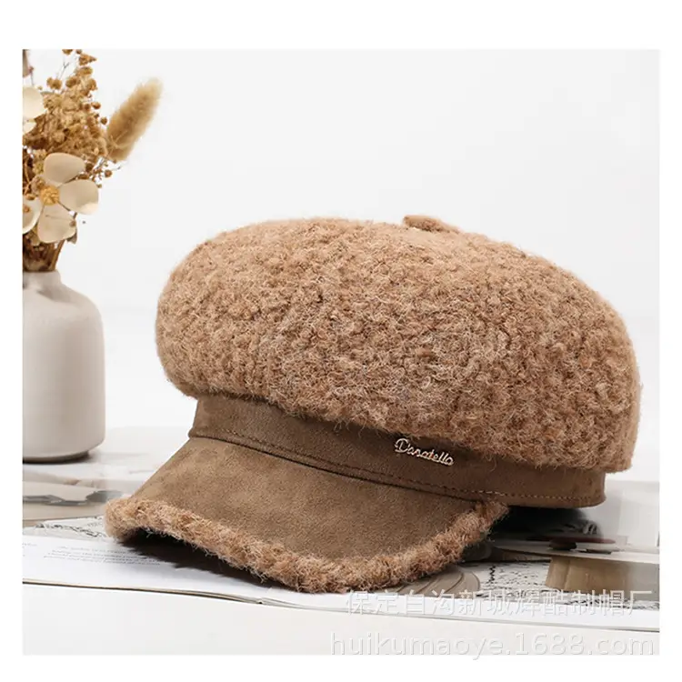 Black Plush Octagonal Beret for Women Winter Warm — feature 6