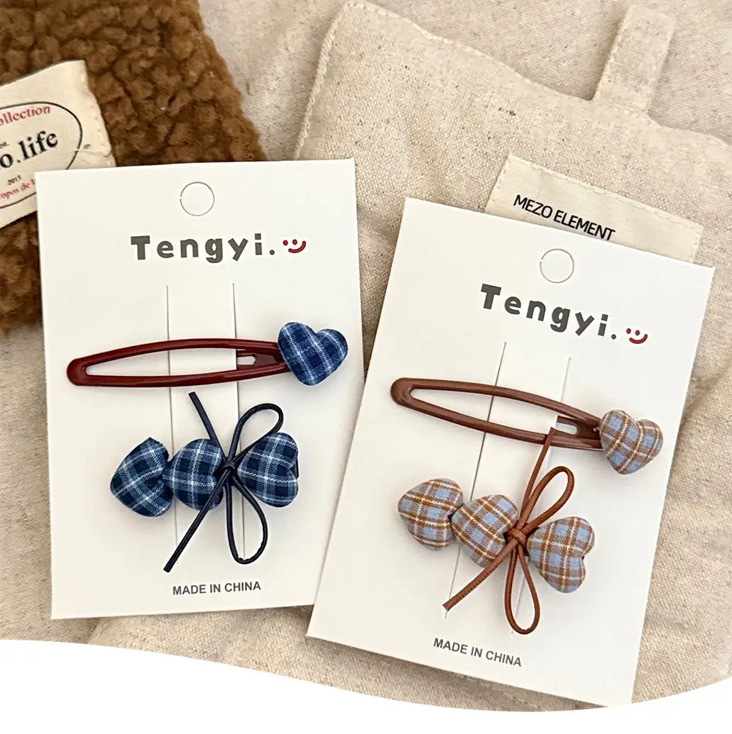 New College Style Cute Plaid Heart Hairpin for Girls Versatile Duckbill Clip Retro Broken Hair Bangs Clip Side Clip — feature 1