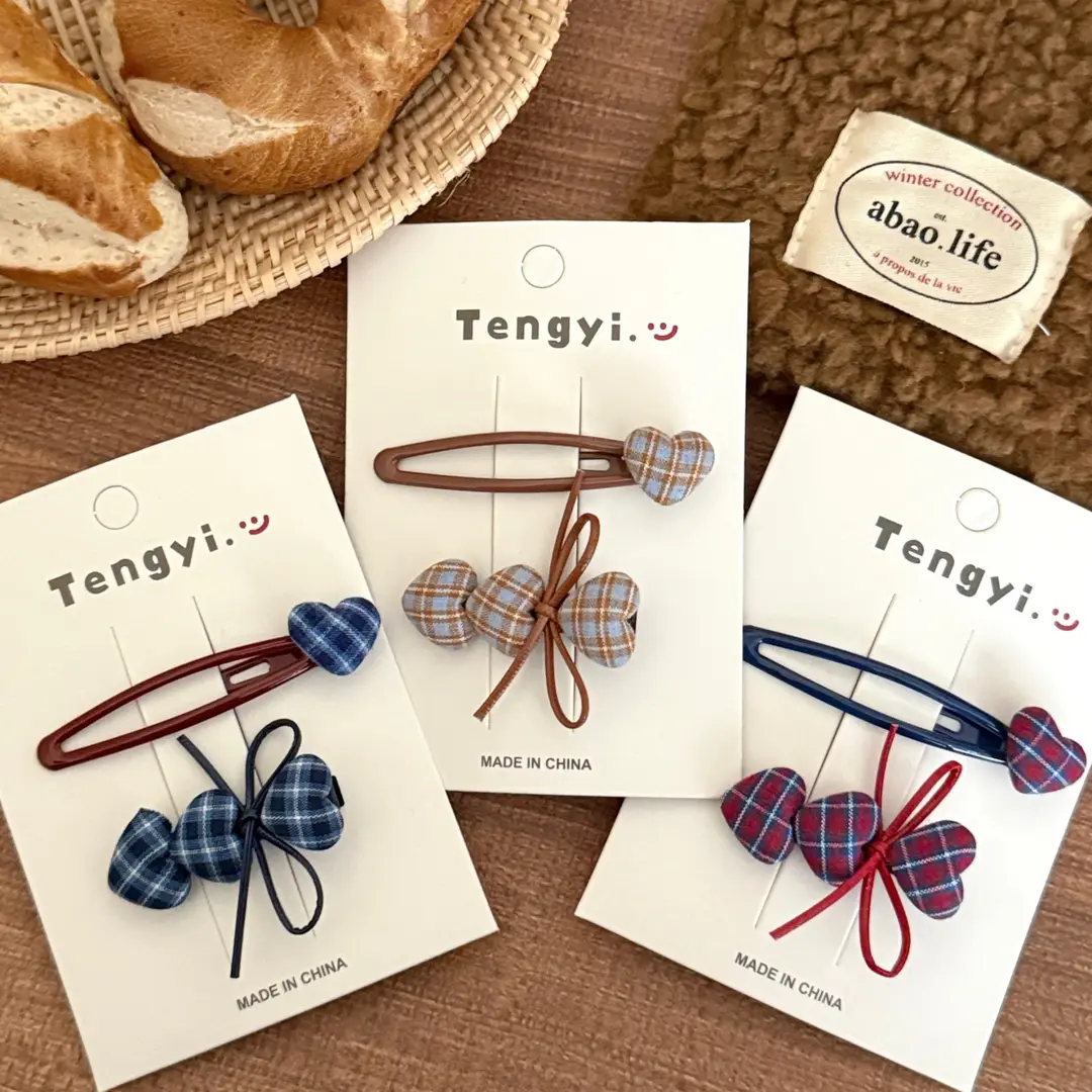 New College Style Cute Plaid Heart Hairpin for Girls Versatile Duckbill Clip Retro Broken Hair Bangs Clip Side Clip — feature 12