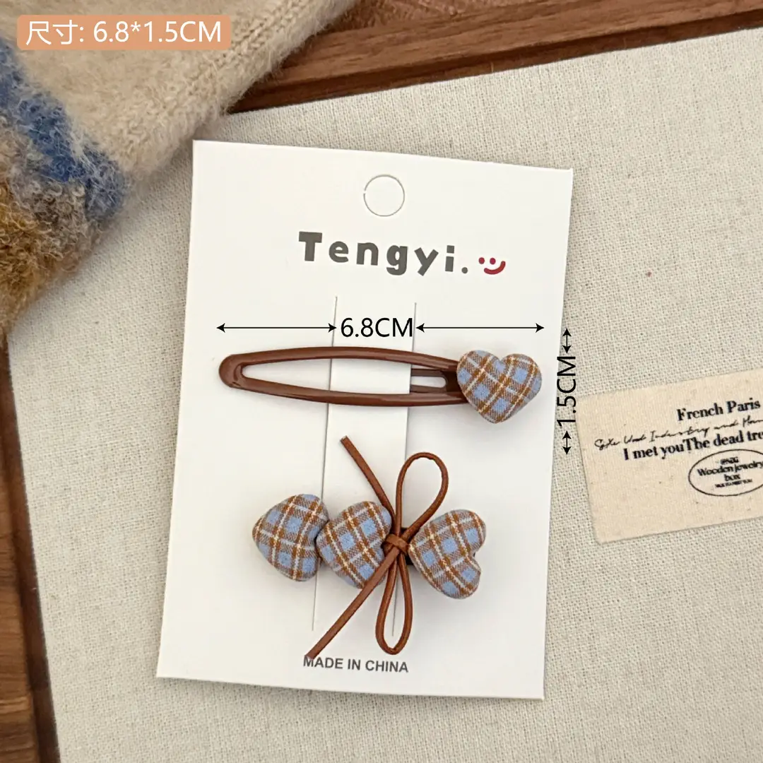 New College Style Cute Plaid Heart Hairpin for Girls Versatile Duckbill Clip Retro Broken Hair Bangs Clip Side Clip - Image 2