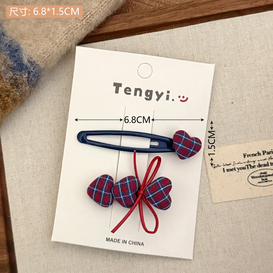 New College Style Cute Plaid Heart Hairpin for Girls Versatile Duckbill Clip Retro Broken Hair Bangs Clip Side Clip - Image 3