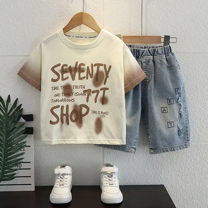 Boys 2Pc Letter T-Shirt Shorts Set White Grey - Image 5