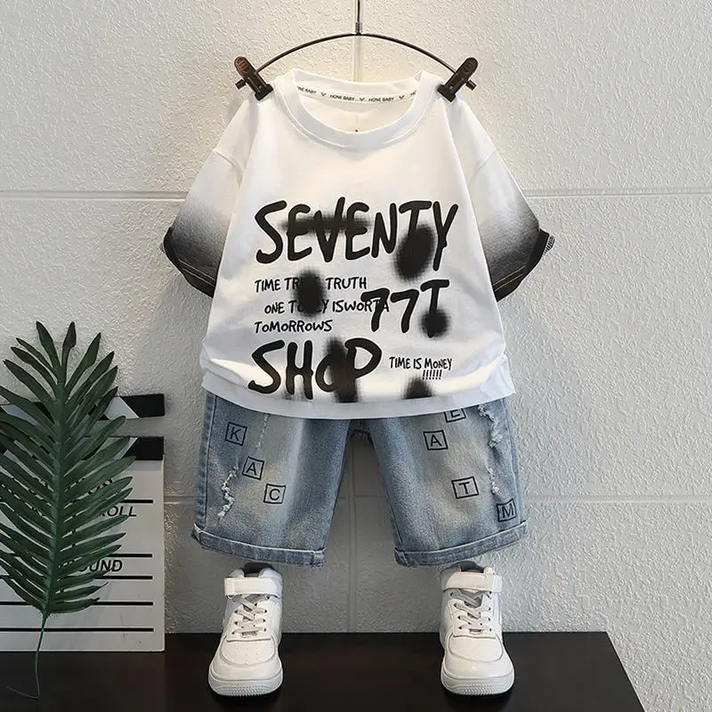 Boys 2Pc Letter T-Shirt Shorts Set White Grey - Image 6