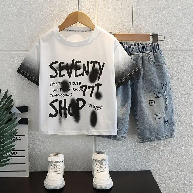 Boys 2Pc Letter T-Shirt Shorts Set White Grey - Image 7