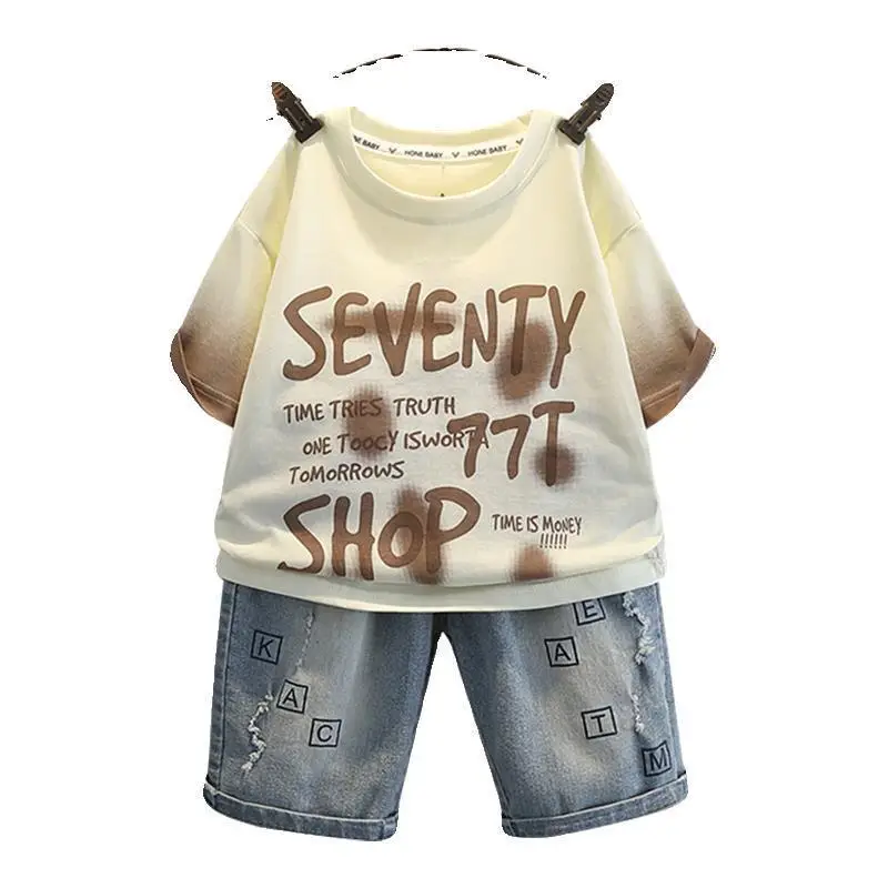Boys 2Pc Letter T-Shirt Shorts Set White Grey - Image 8