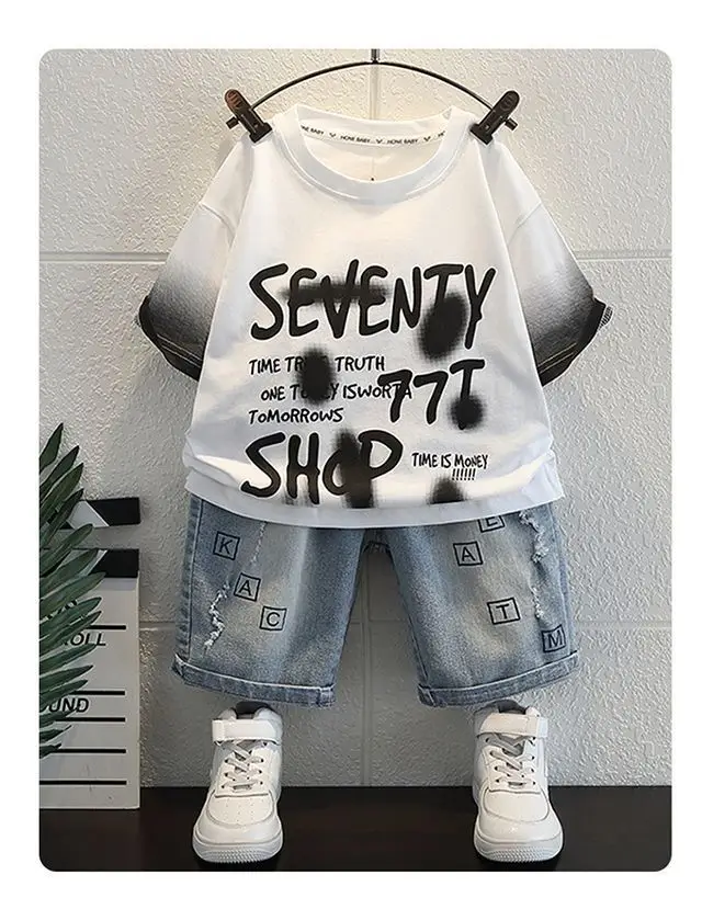 Boys 2Pc Letter T-Shirt Shorts Set White Grey — feature 9