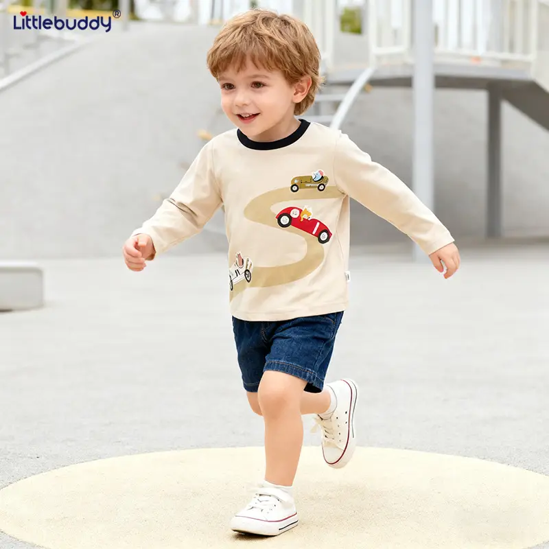 Kids Cotton T-Shirt Car Print Round Neck Long Sleeve - Image 4