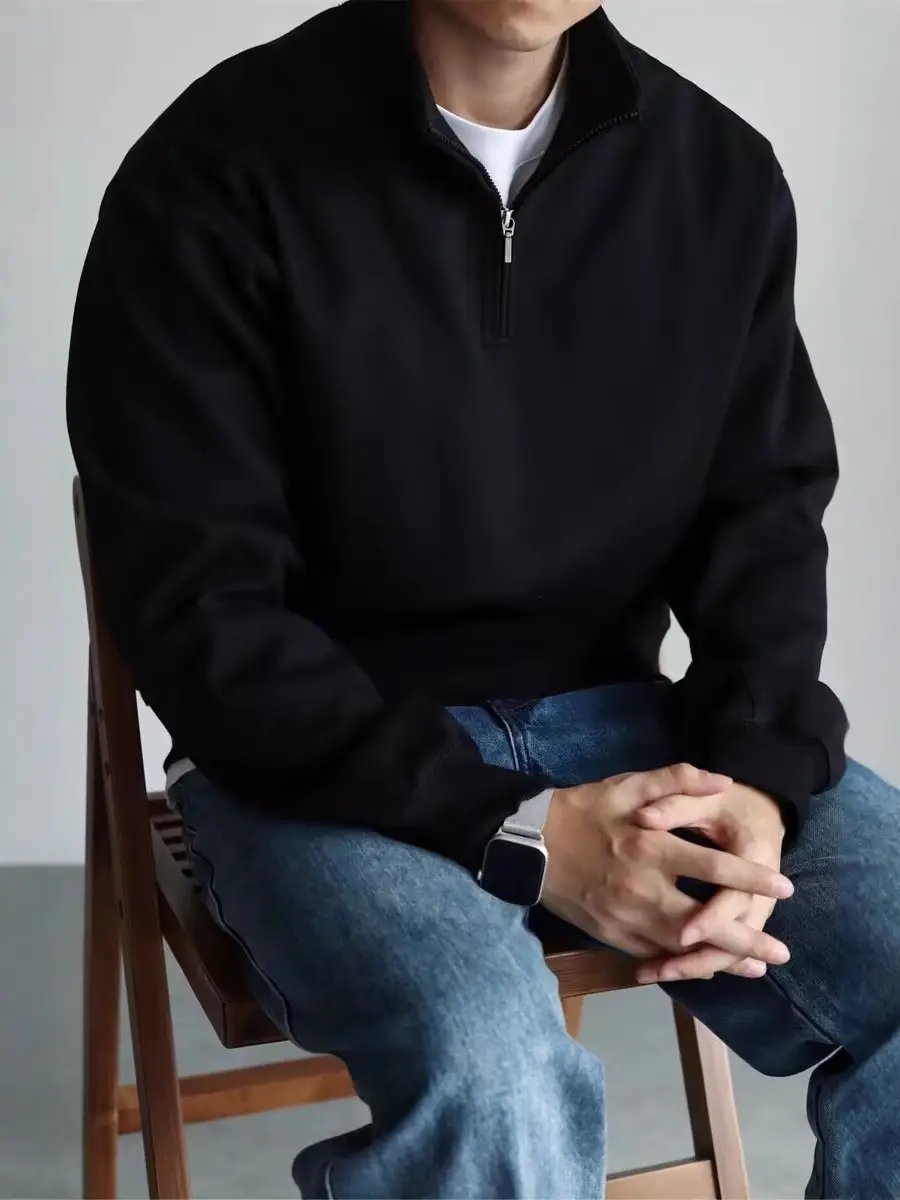 Men Black Heavyweight Half-Zip Sweatshirt Jacket