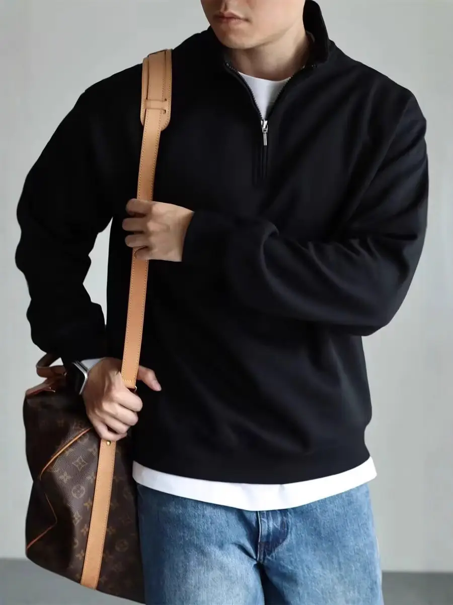 Men Black Heavyweight Half-Zip Sweatshirt Jacket