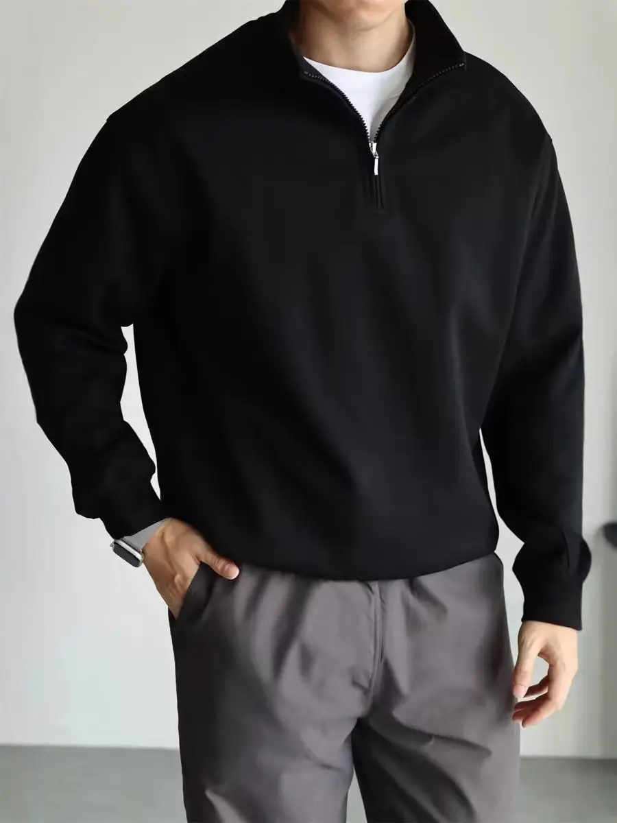 Men Black Heavyweight Half-Zip Sweatshirt Jacket