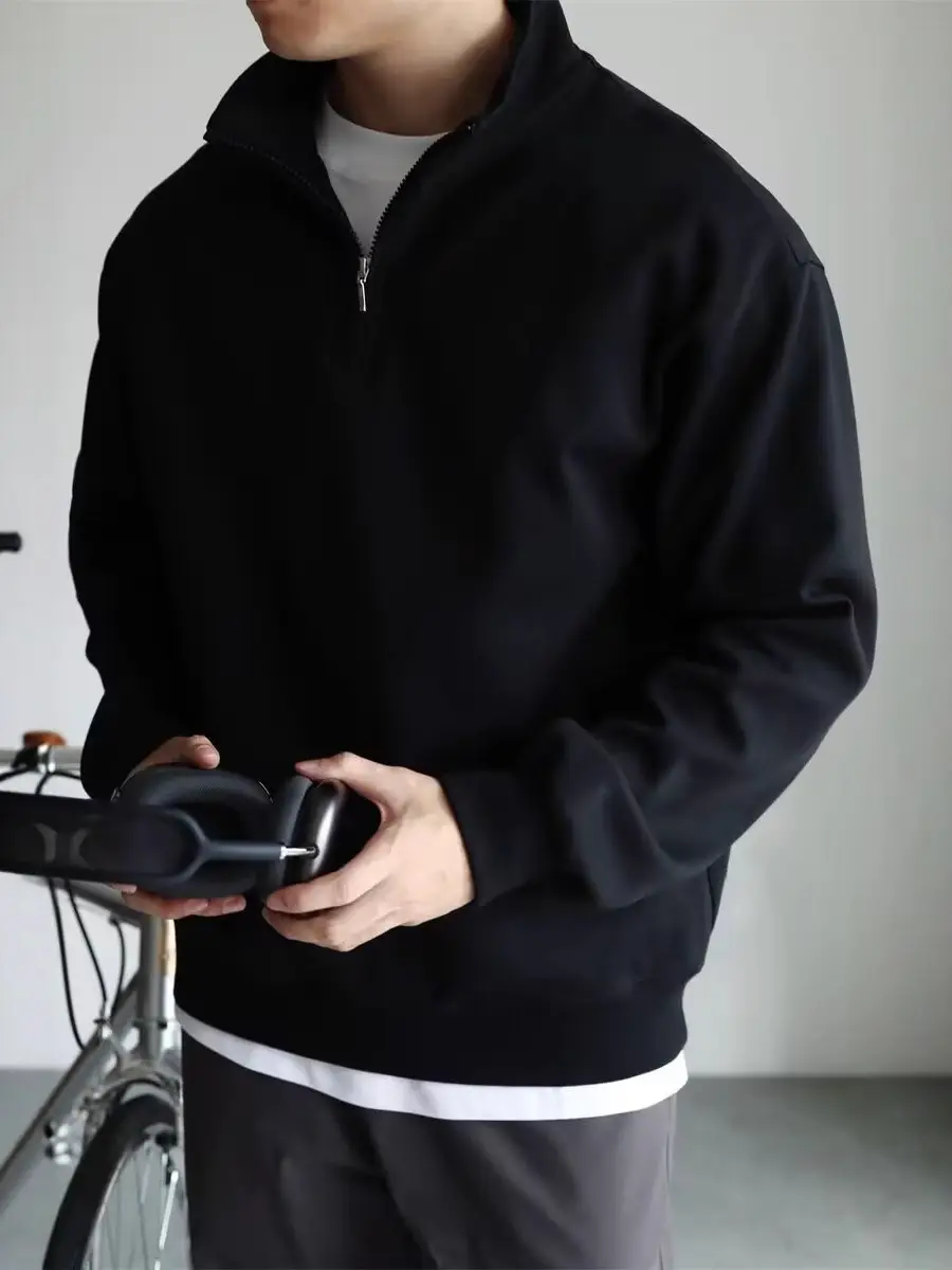 Men Black Heavyweight Half-Zip Sweatshirt Jacket