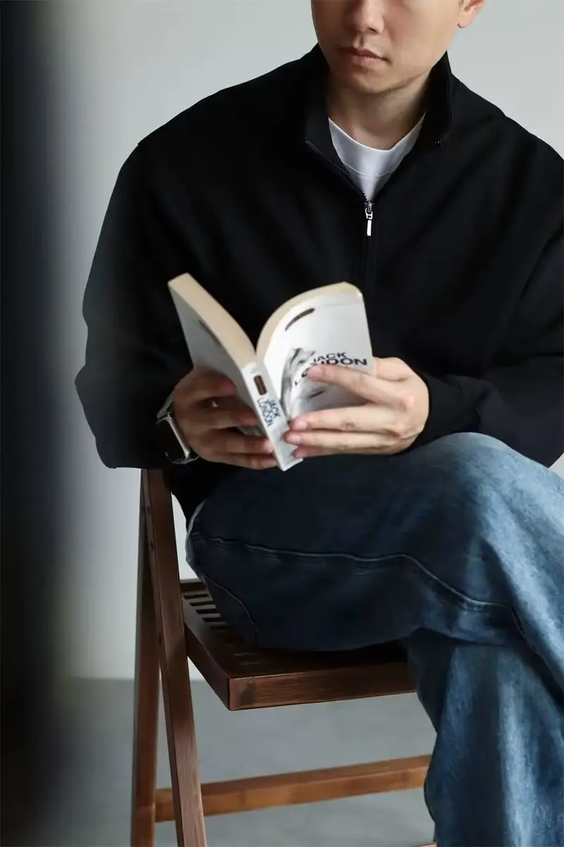 Men Black Heavyweight Half-Zip Sweatshirt Jacket — feature 1