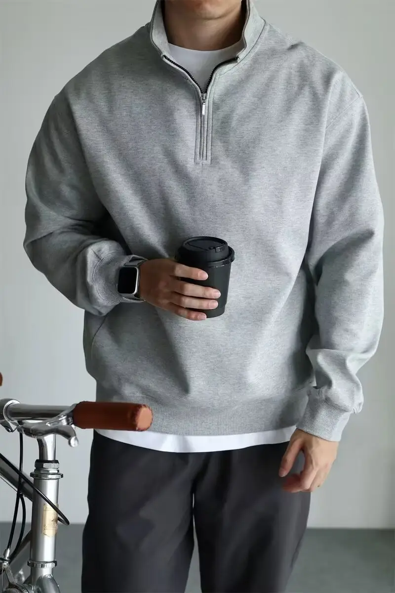 Men Black Heavyweight Half-Zip Sweatshirt Jacket — feature 15
