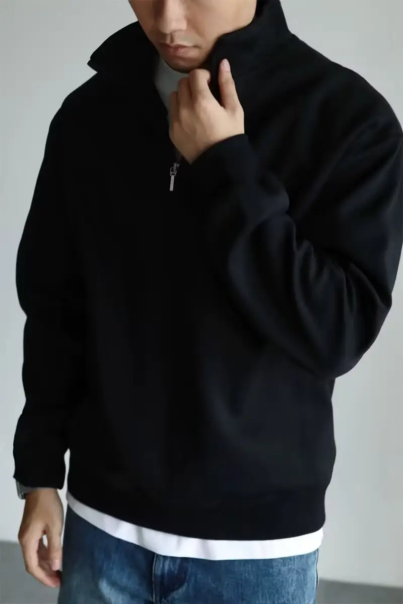 Men Black Heavyweight Half-Zip Sweatshirt Jacket — feature 2
