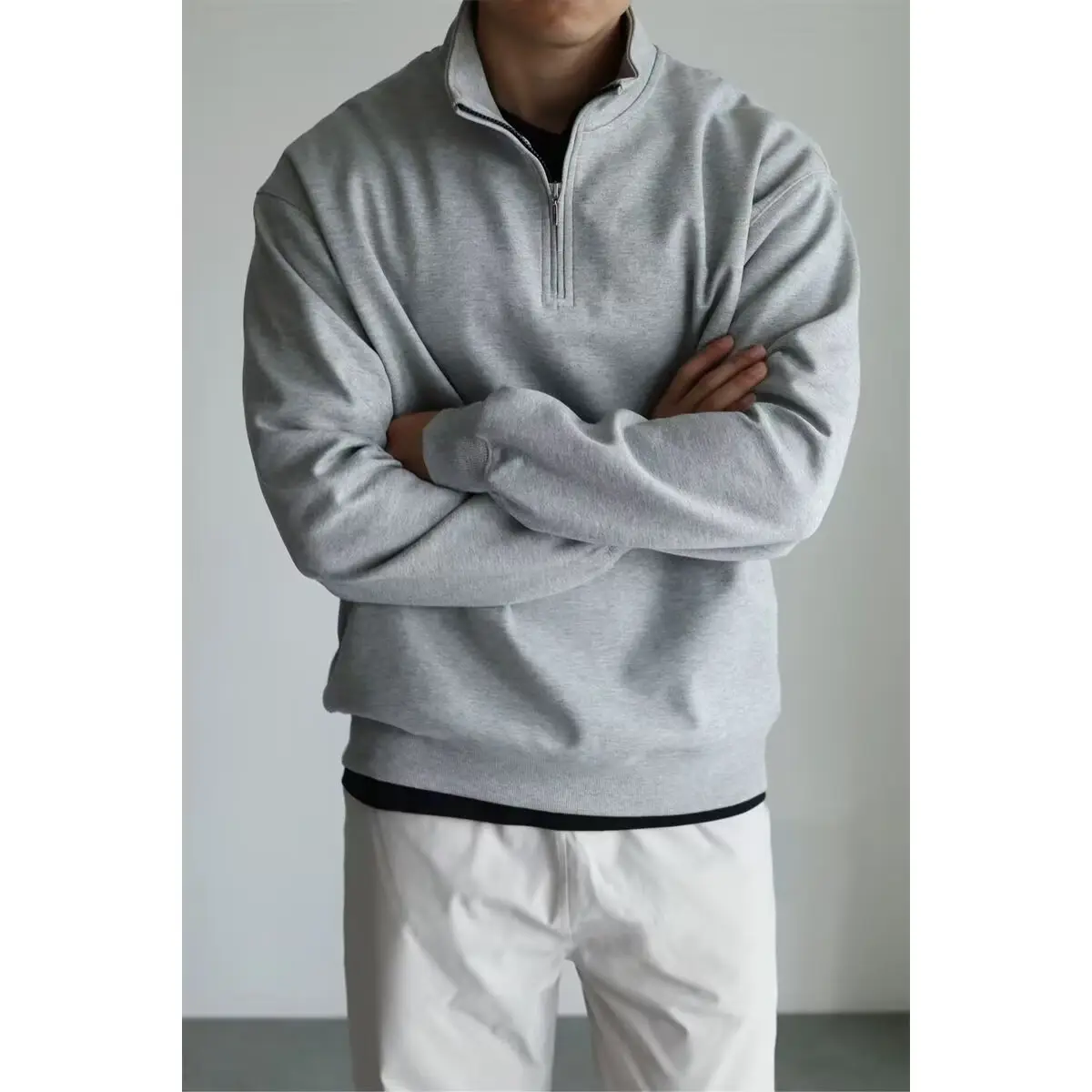 Men Black Heavyweight Half-Zip Sweatshirt Jacket — feature 20