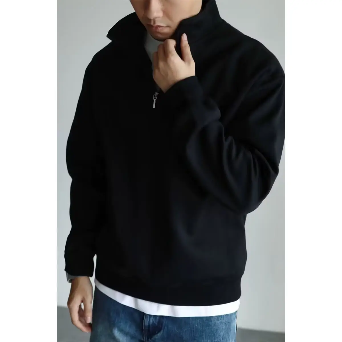 Men Black Heavyweight Half-Zip Sweatshirt Jacket — feature 21