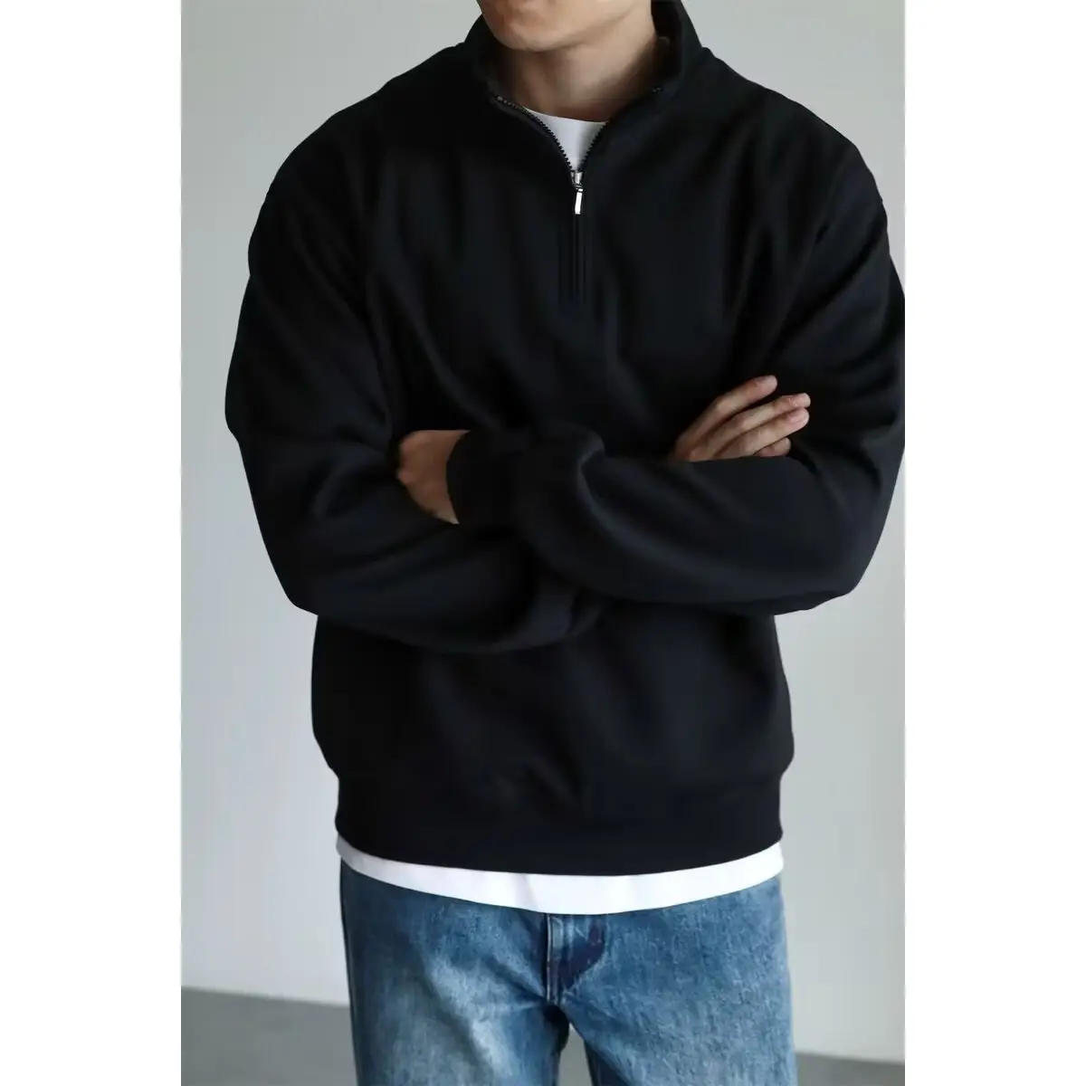 Men Black Heavyweight Half-Zip Sweatshirt Jacket — feature 22