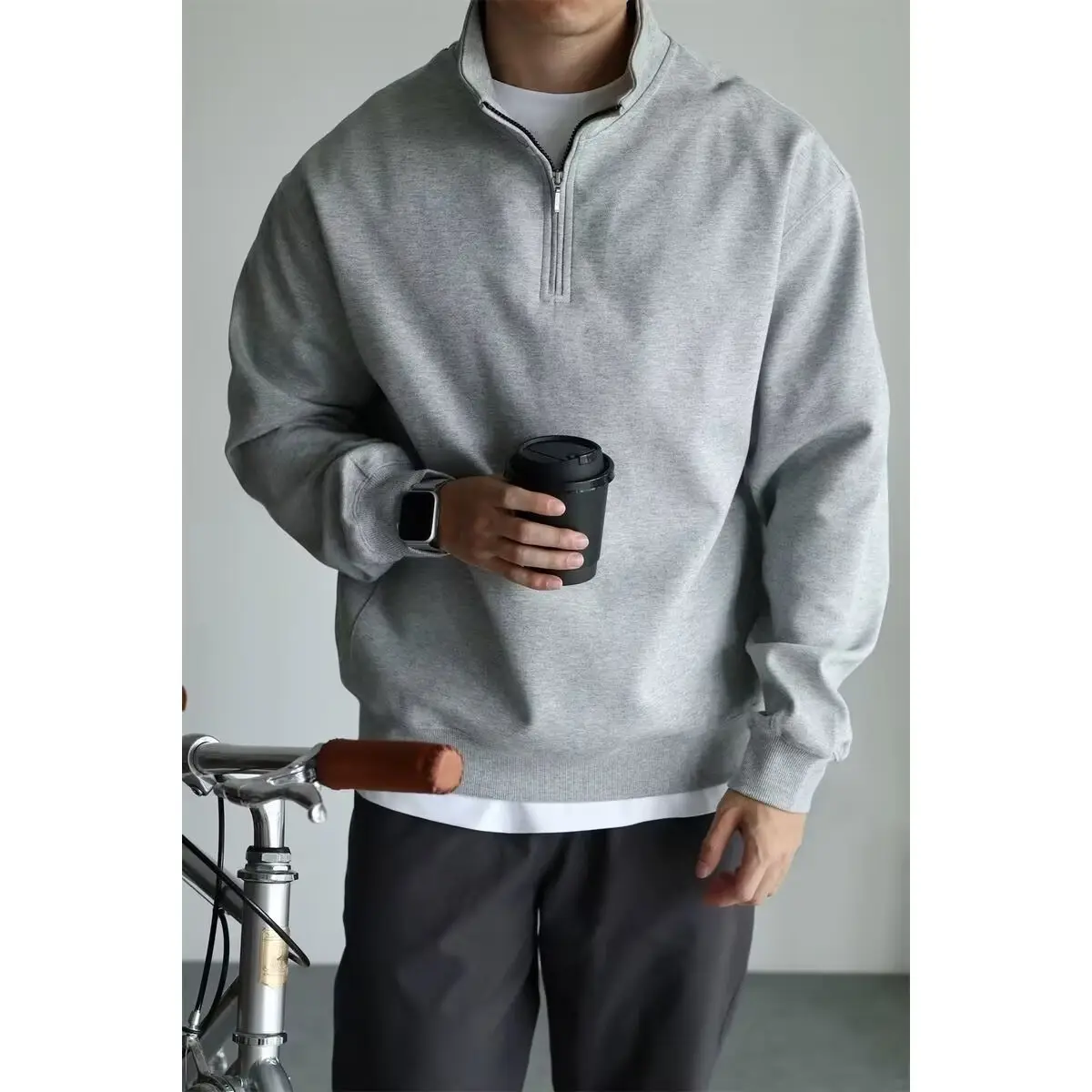 Men Black Heavyweight Half-Zip Sweatshirt Jacket — feature 23