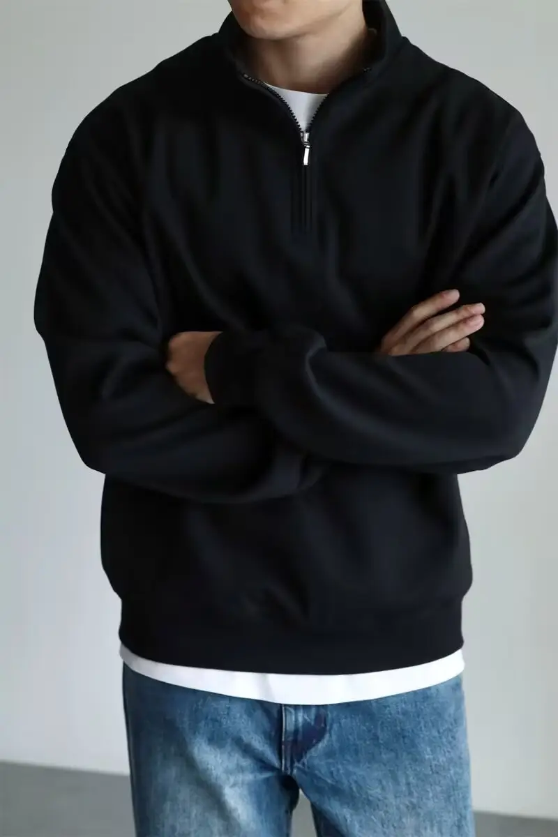 Men Black Heavyweight Half-Zip Sweatshirt Jacket — feature 3