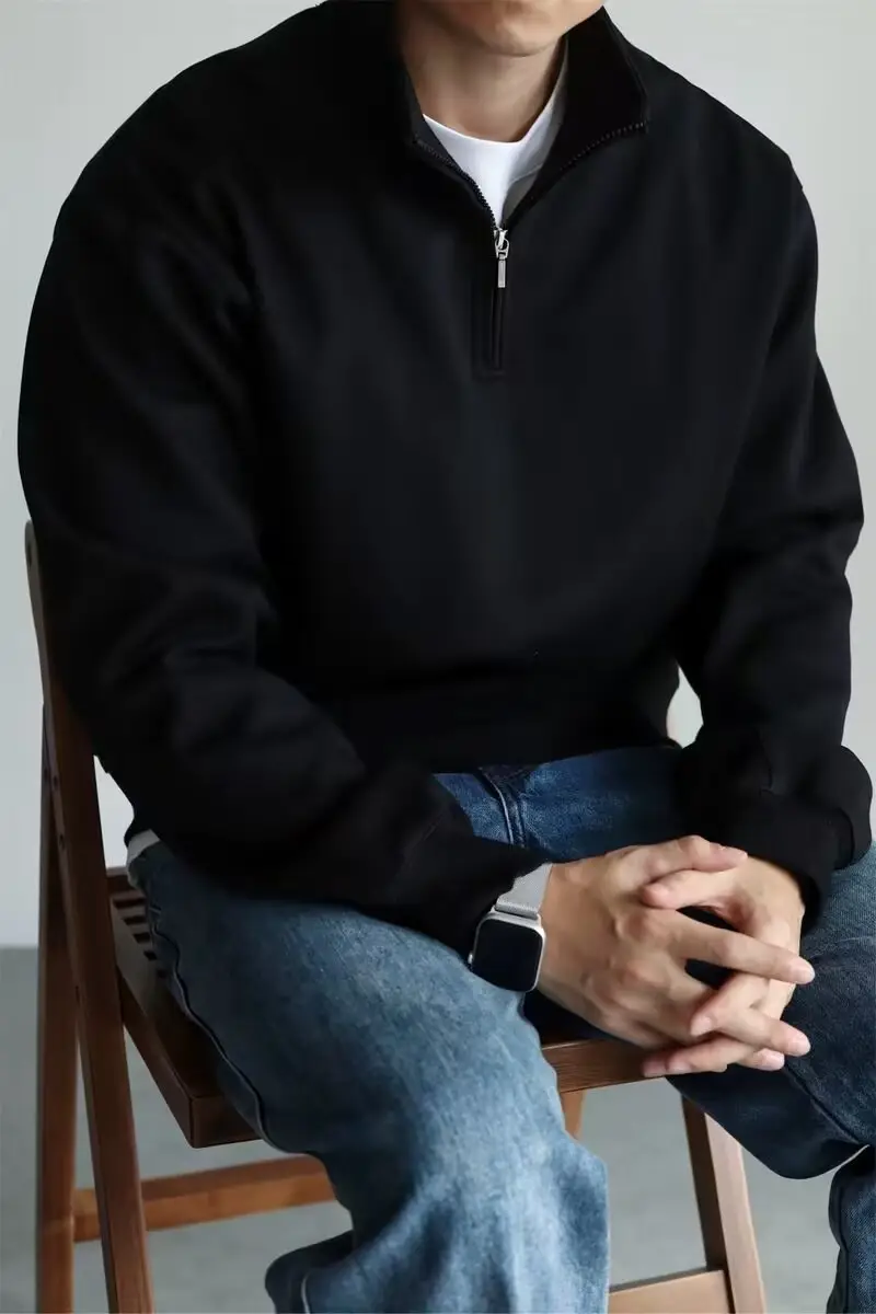 Men Black Heavyweight Half-Zip Sweatshirt Jacket — feature 4