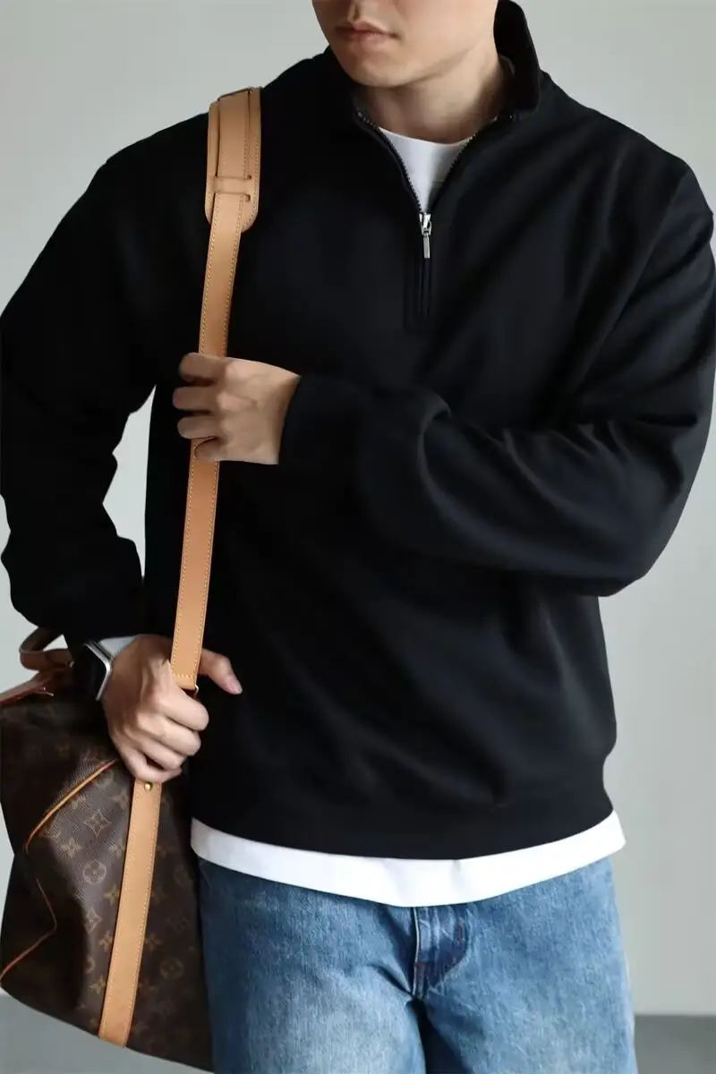 Men Black Heavyweight Half-Zip Sweatshirt Jacket — feature 5