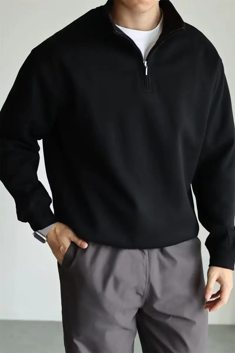 Men Black Heavyweight Half-Zip Sweatshirt Jacket — feature 6