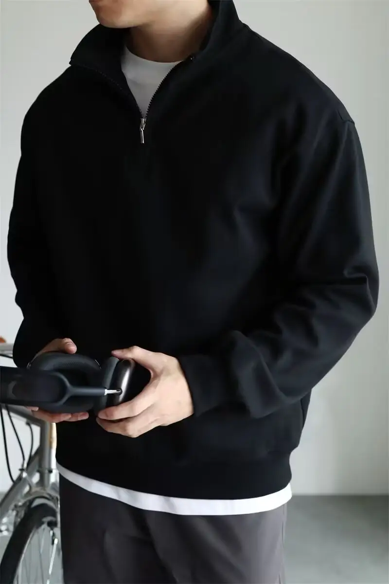 Men Black Heavyweight Half-Zip Sweatshirt Jacket — feature 7