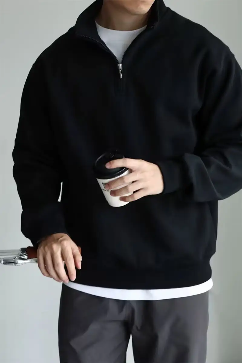 Men Black Heavyweight Half-Zip Sweatshirt Jacket — feature 8