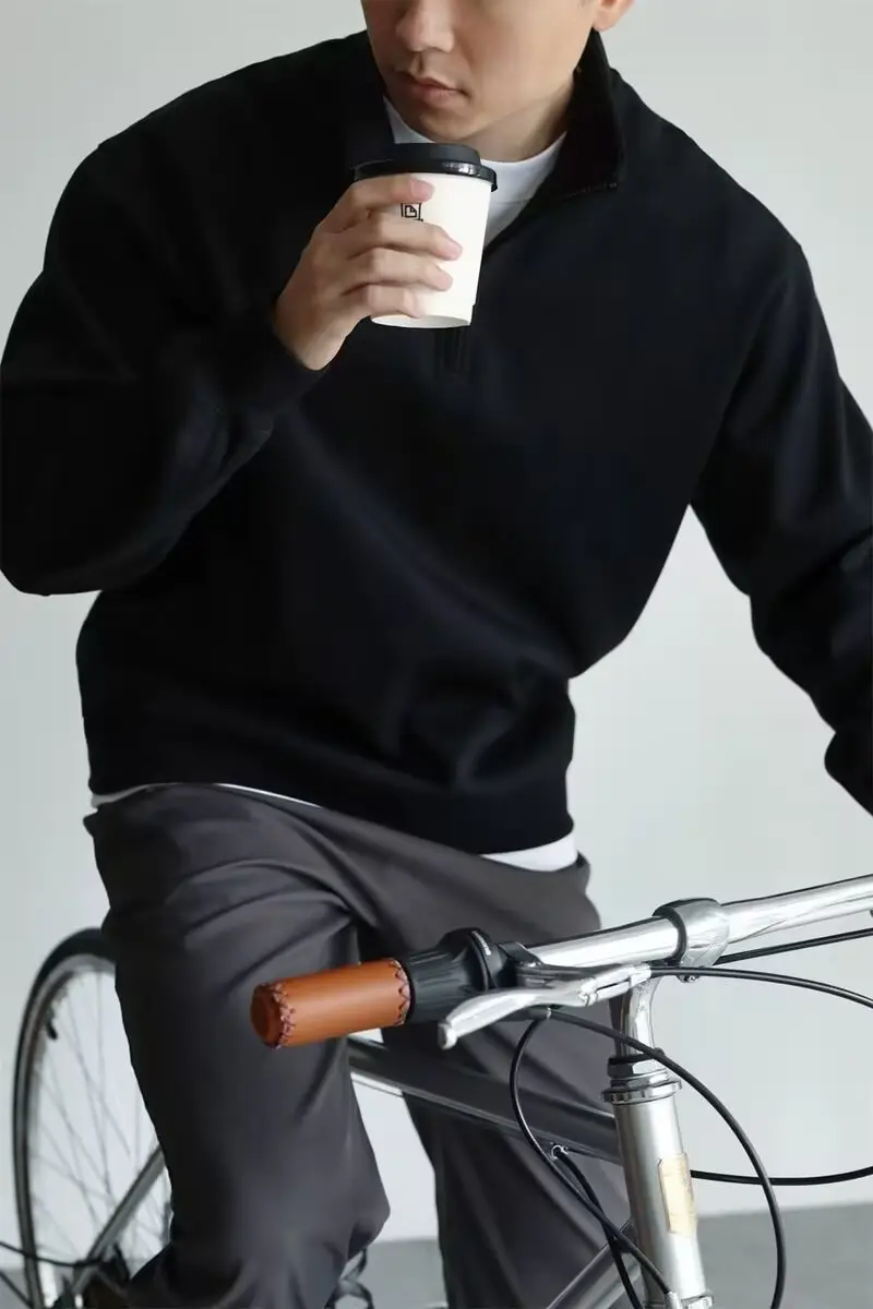 Men Black Heavyweight Half-Zip Sweatshirt Jacket — feature 9