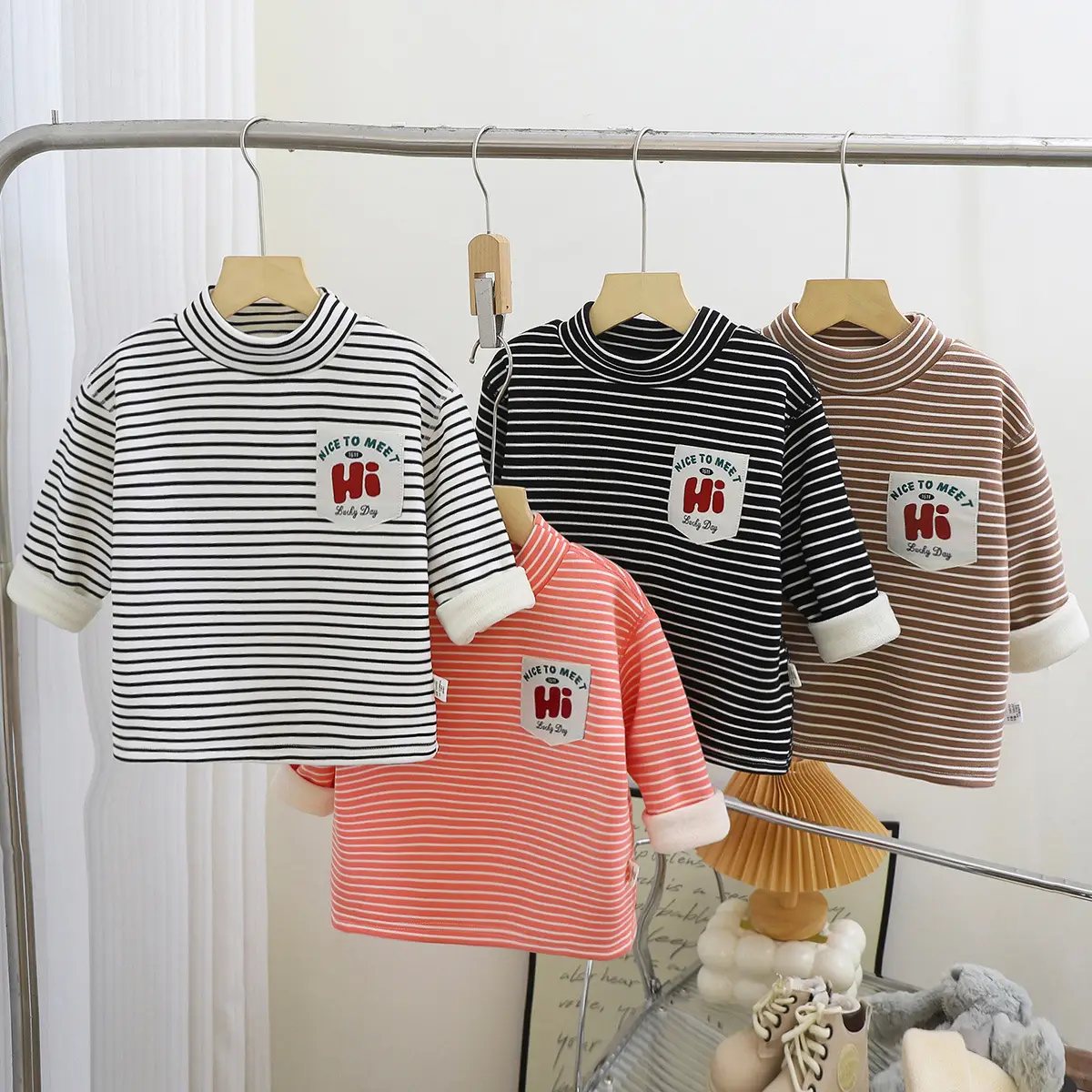 New Kids' Orange Striped Warm Turtleneck Shirt — feature 1