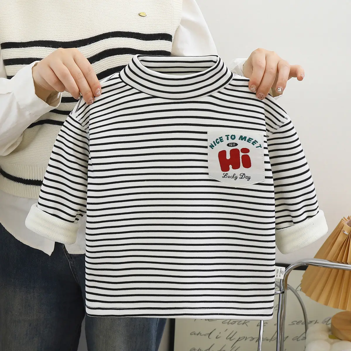 New Kids' Orange Striped Warm Turtleneck Shirt — feature 3
