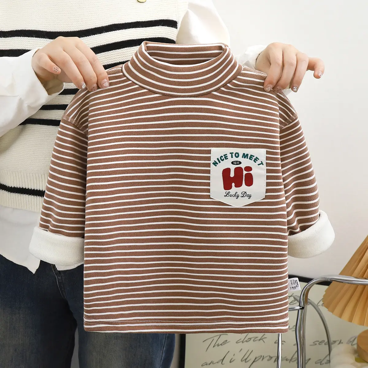New Kids' Orange Striped Warm Turtleneck Shirt — feature 6