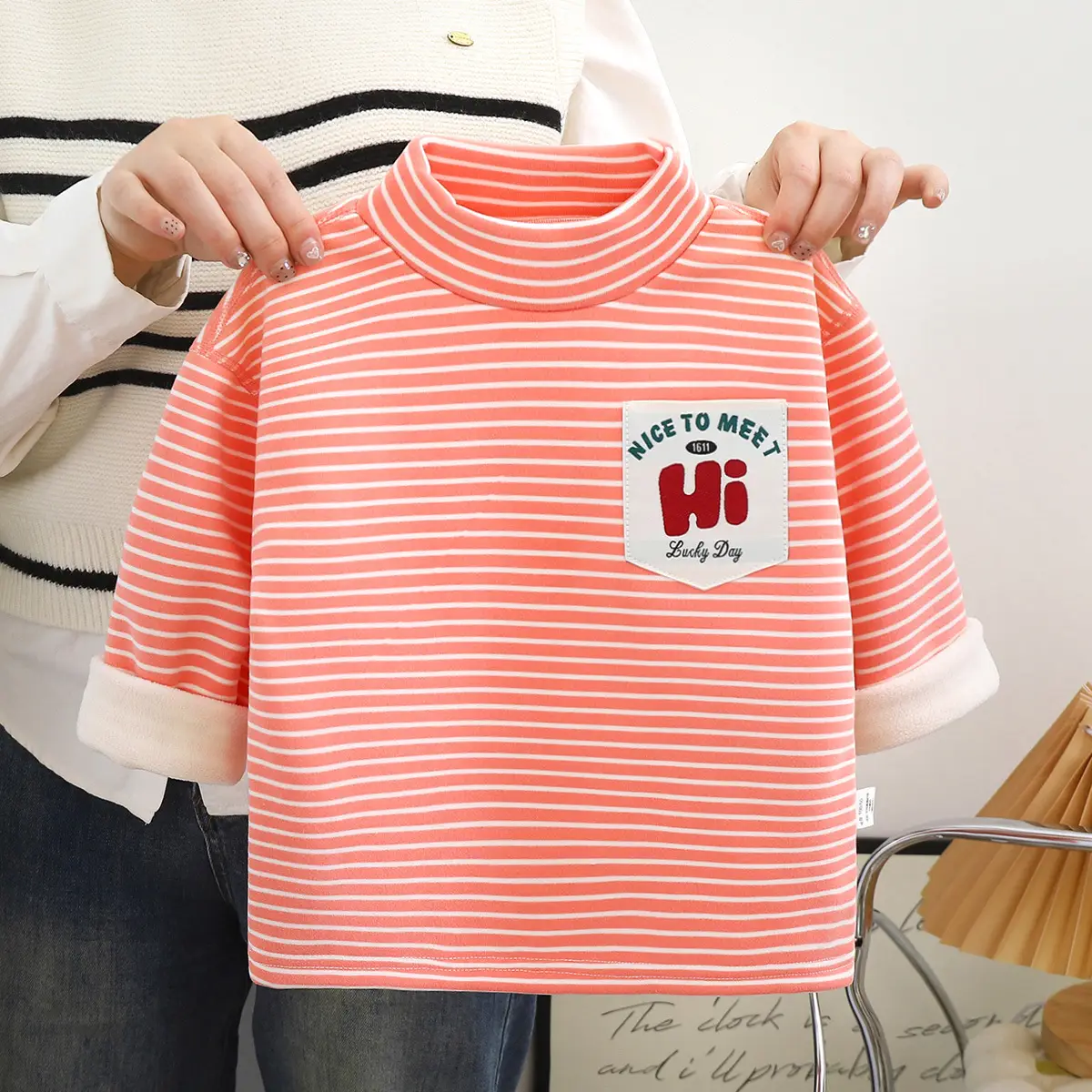 New Kids' Orange Striped Warm Turtleneck Shirt