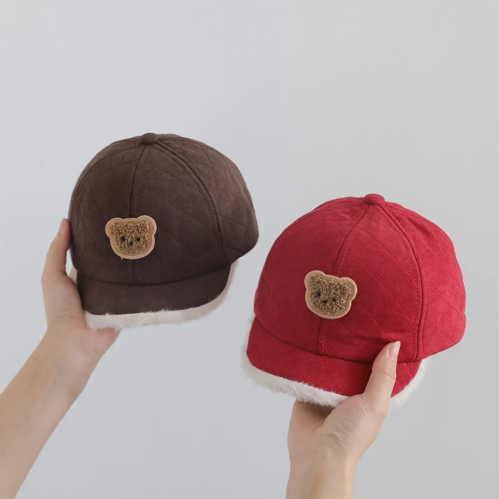Cute Bear Embroidered Winter Cap for Girls Brown - Image 9